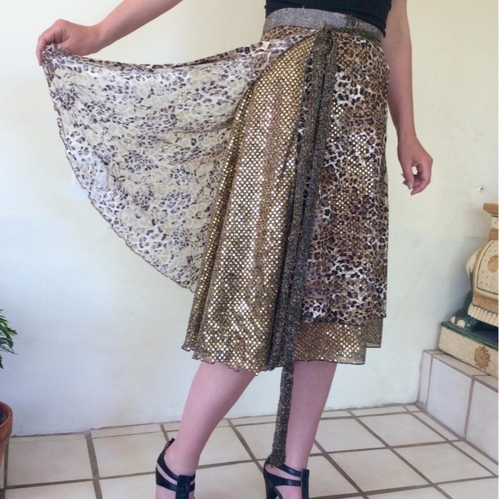 Gold Sequin Metallic Leopard Wrap Skirt Festival Rave Club 90s Y2K OOAK Fits All